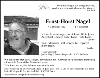 Traueranzeige von Ernst-Horst Nagel von Tageszeitung