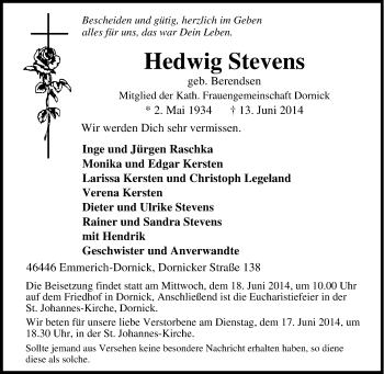 Traueranzeige von Hedwig Stevens von Tageszeitung