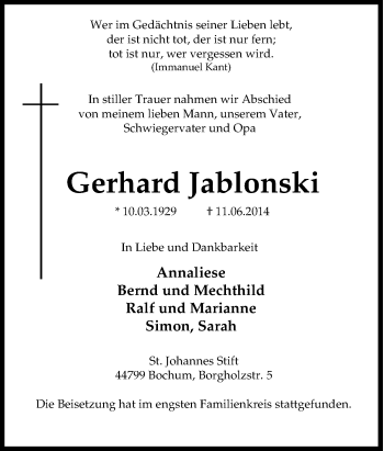 Traueranzeige von Gerhard Jablonski von Tageszeitung