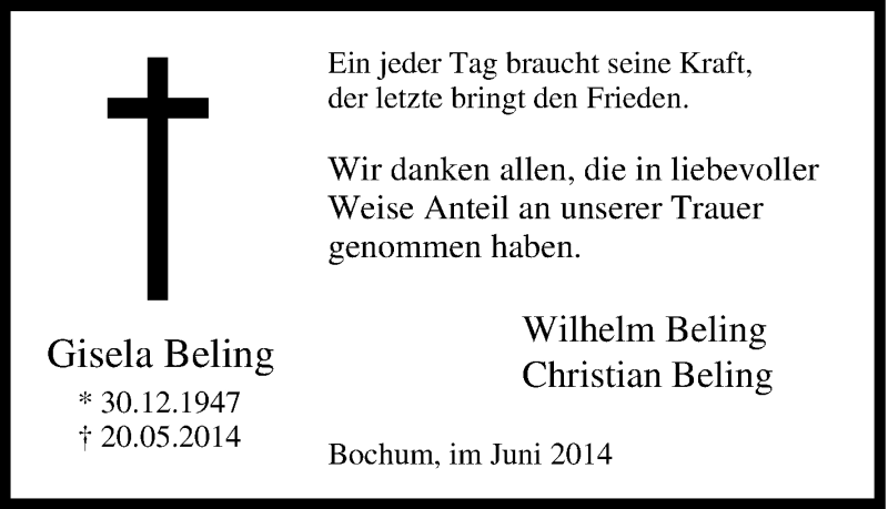  Traueranzeige für Gisela Beling vom 18.06.2014 aus Tageszeitung