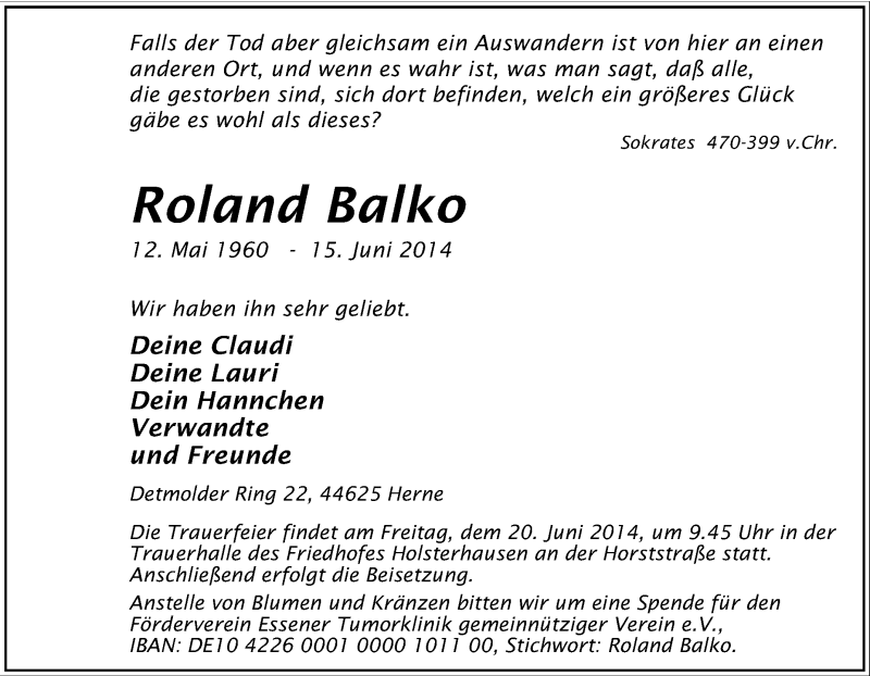  Traueranzeige für Roland Balko vom 17.06.2014 aus Tageszeitung