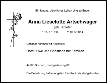 Traueranzeige von Anna Lieselotte Artschwager von Tageszeitung