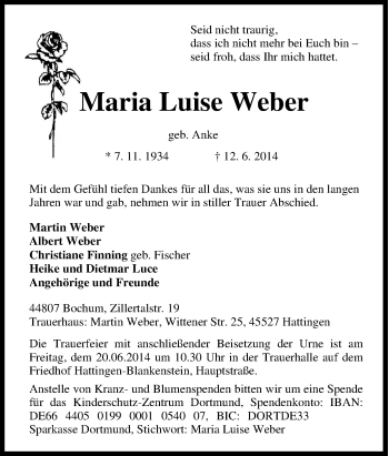 Traueranzeige von Maria Luise Weber von Tageszeitung
