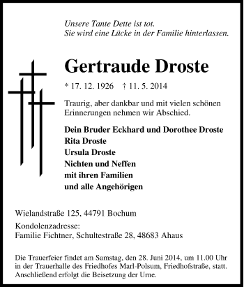 Traueranzeige von Gertraude Droste von Tageszeitung