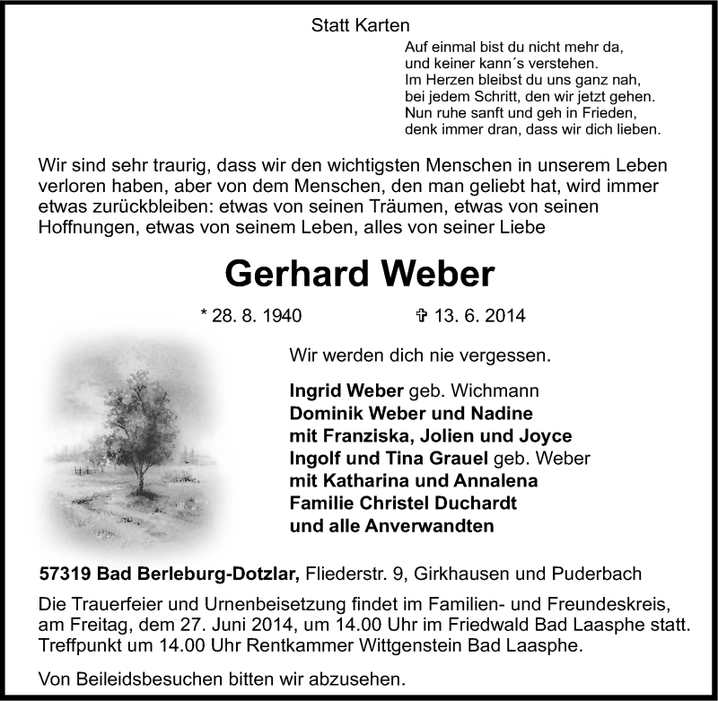  Traueranzeige für Gerhard Weber vom 17.06.2014 aus Tageszeitung