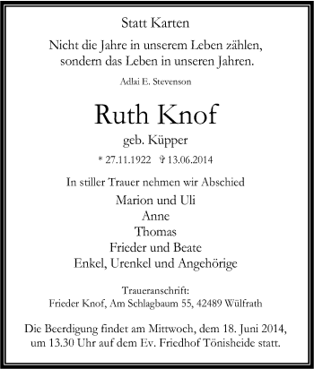 Traueranzeige von Ruth Knof von Tageszeitung