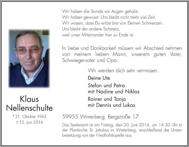  Traueranzeige für Klaus Nellenschulte vom 17.06.2014 aus Tageszeitung