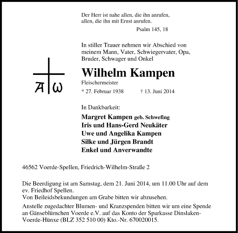 Traueranzeigen von Wilhelm Kampen TrauerinNRW.de