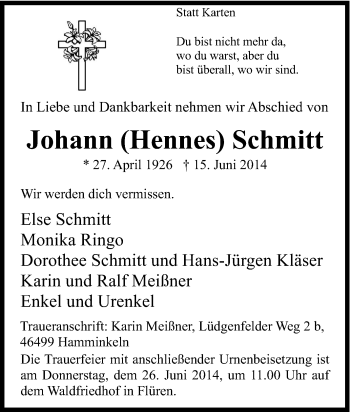 Traueranzeige von Johann Hennes Schmitt von Tageszeitung