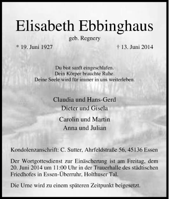 Traueranzeige von Elisabeth Ebbinghaus von Tageszeitung