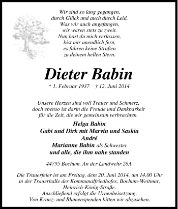 Traueranzeige von Dieter Babin von Tageszeitung