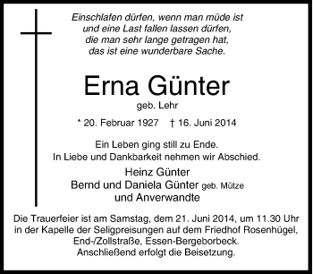 Traueranzeige von Erna Günter von Tageszeitung