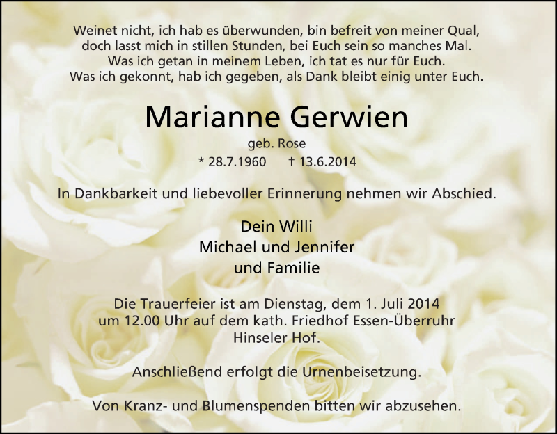  Traueranzeige für Marianne Gerwien vom 21.06.2014 aus Tageszeitung
