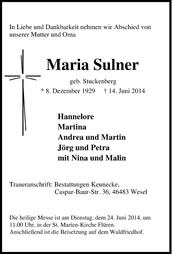 Traueranzeige von Maria Sulner von Tageszeitung