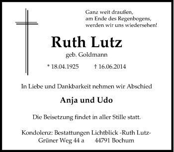 Traueranzeige von Ruth Lutz von Tageszeitung