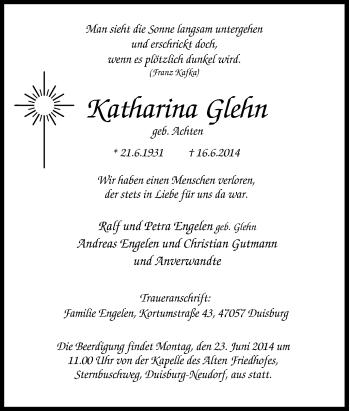 Traueranzeige von Katharina Glehn von Tageszeitung