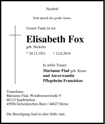 Traueranzeige von Elisabeth Fox von Tageszeitung