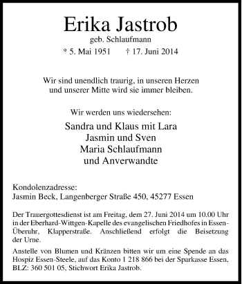 Traueranzeige von Erika Jastrob von Tageszeitung