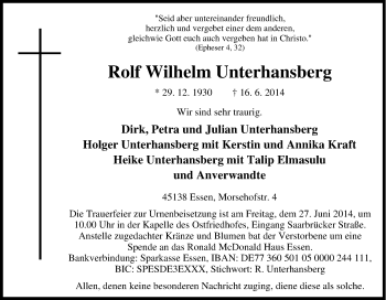 Traueranzeige von Rolf Wilhelm Unterhansberg von Tageszeitung
