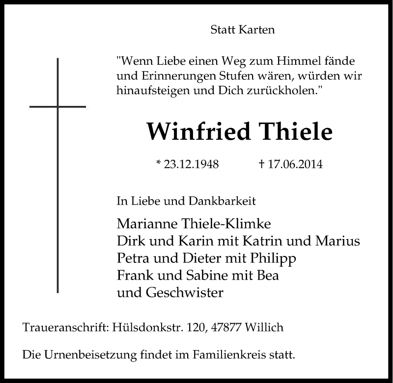  Traueranzeige für Winfried Thiele vom 21.06.2014 aus Tageszeitung