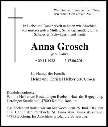 Traueranzeige von Anna Grosch von Tageszeitung
