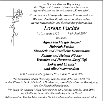 Traueranzeige von Lorenz Fuchte von Tageszeitung