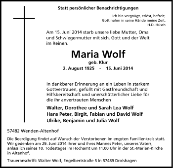 Traueranzeige von Maria Wolf von Tageszeitung
