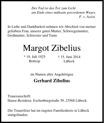 Traueranzeige von Margot Zibelius von Tageszeitung