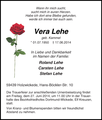 Traueranzeige von Vera Lehe von Tageszeitung