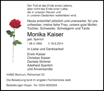 Traueranzeige von Monika Kaiser von Tageszeitung