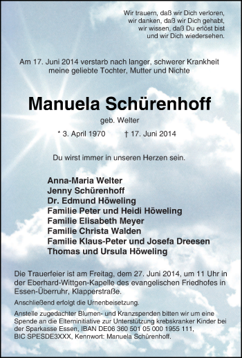 Traueranzeige von Manuela Schürenhoff von Tageszeitung