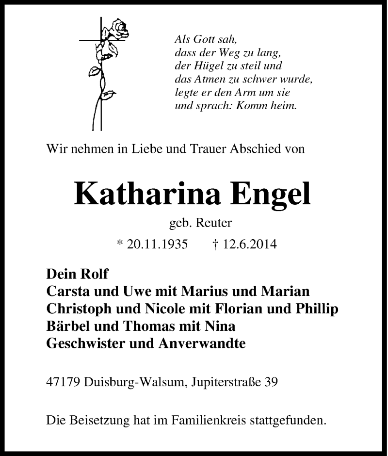  Traueranzeige für Katharina Engel vom 21.06.2014 aus Tageszeitung