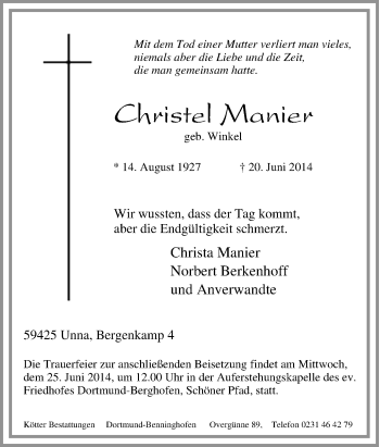 Traueranzeige von Christel Manier von Tageszeitung