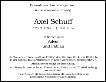 Traueranzeige von Axel Schuff von Tageszeitung