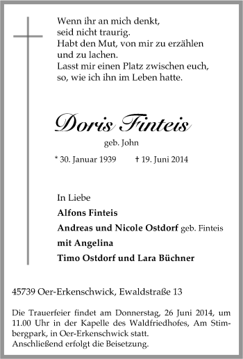 Traueranzeige von Doris Finteis von Tageszeitung