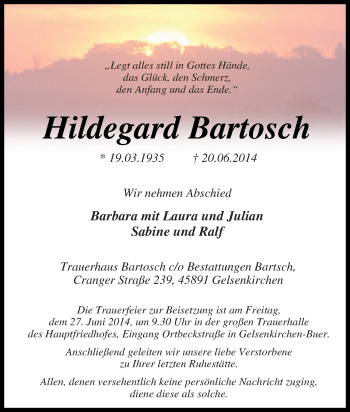 Traueranzeige von Hildegard Bartosch von Tageszeitung