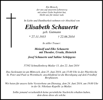 Traueranzeige von Elisabeth Schauerte von Tageszeitung