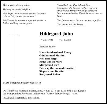 Traueranzeigen von Hildegard Jahn TrauerinNRW.de