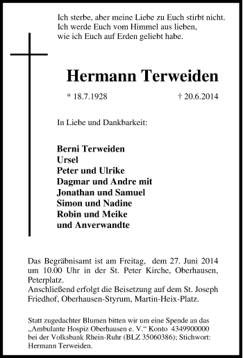 Traueranzeige von Hermann Terweiden von Tageszeitung