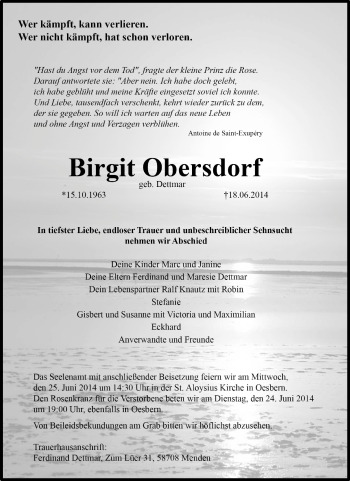 Traueranzeige von Brigit Obersdorf von Tageszeitung
