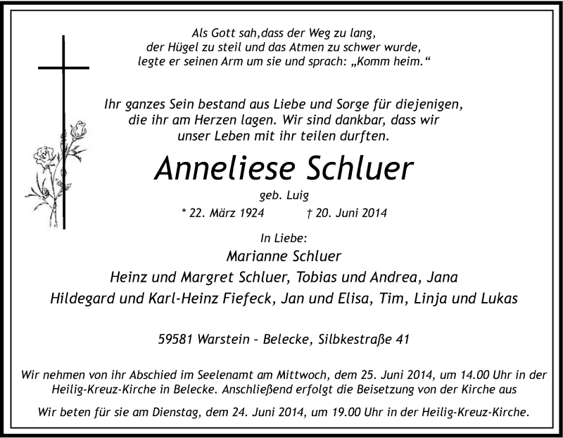  Traueranzeige für Anneliese Schluer vom 23.06.2014 aus Tageszeitung