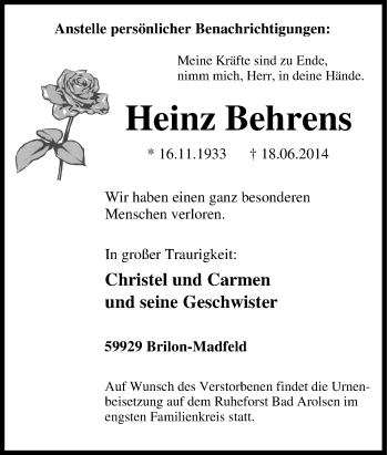 Traueranzeige von Heinz Behrens von Tageszeitung