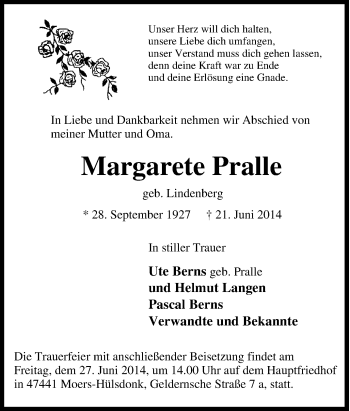 Traueranzeige von Margarete Pralle von Tageszeitung