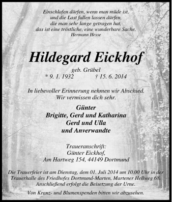 Traueranzeige von Hildegard Eickhof von Tageszeitung