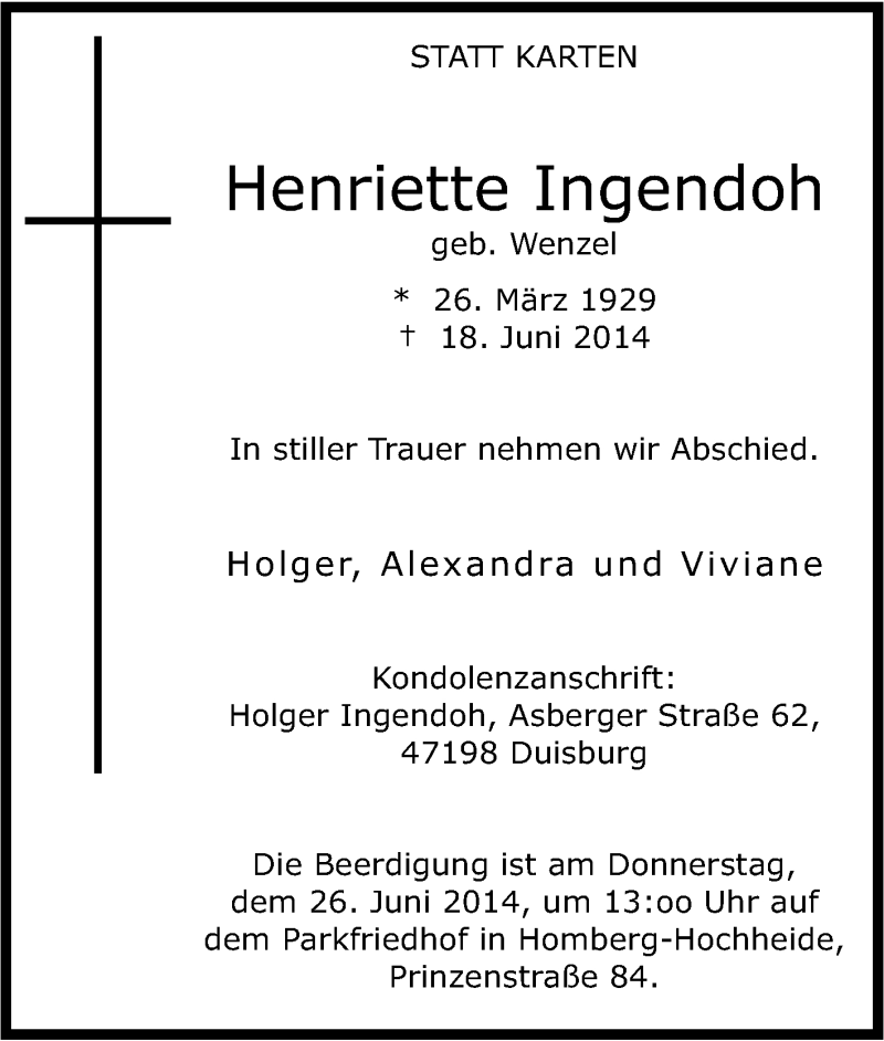  Traueranzeige für Henriette Ingendoh vom 25.06.2014 aus Tageszeitung