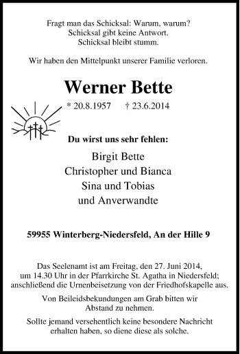 Traueranzeige von Werner Bette von Tageszeitung