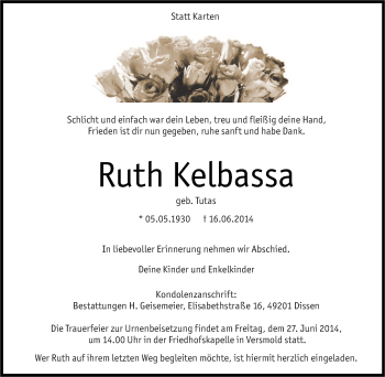 Traueranzeige von Ruth Kelbassa von Tageszeitung