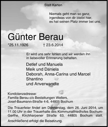 Traueranzeige von Günter Berau von Tageszeitung