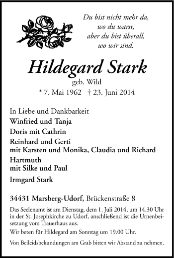 Traueranzeige von Hildegard Stark von Tageszeitung