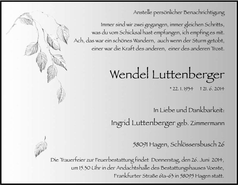  Traueranzeige für Wendel Luttenberger vom 24.06.2014 aus Tageszeitung